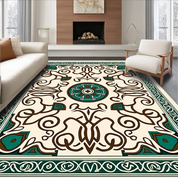 ODIKA 8'x10' Machine Washable Non-Slip Area Rug, Celtic Knot Tapestry Hook Making Kit Traditional Weaving High Traffic Rug with Pad, Brown, 629032