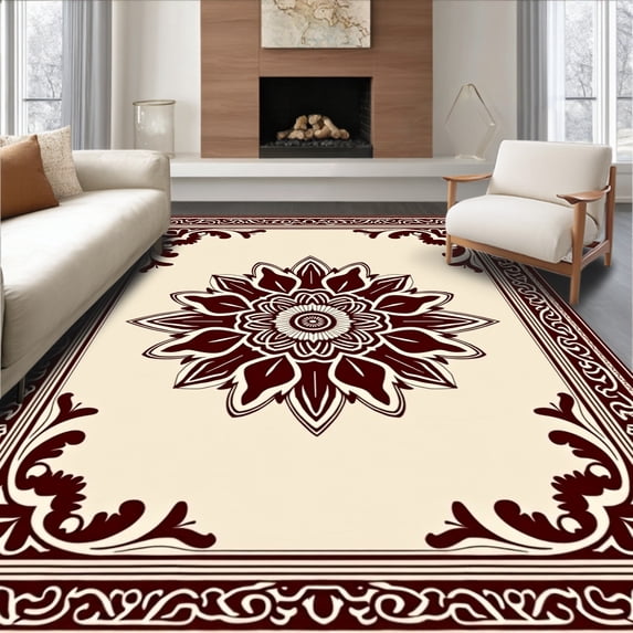 ODIKA 8'x10' Machine Washable Non-Slip Area Rug, Central Rosette Radial Swirling Classic Heritage Treasure High Traffic Rug with Pad, Beige, 586096