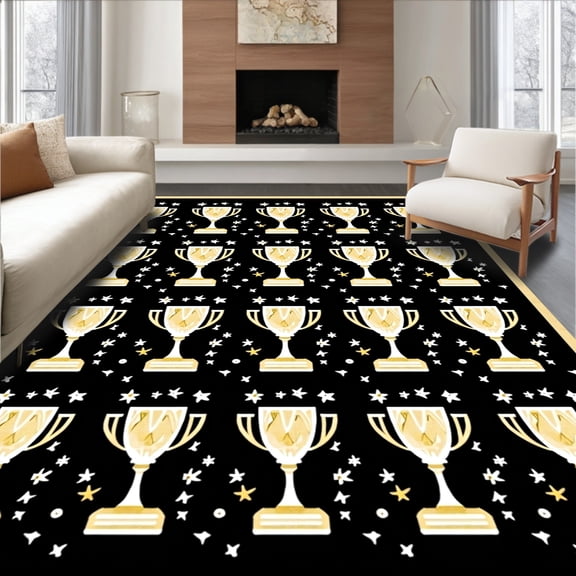 ODIKA 8'x10' Machine Washable Non-Slip Area Rug, Championship Trophy Collage with Celebration Theme High Traffic Rug, Black, 669827