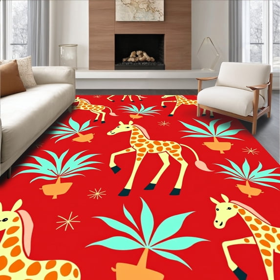 ODIKA 8'x10' Machine Washable Non-Slip Area Rug, Charming Cartoon Giraffe And Exotic Plants With Cheerful Accents High Traffic Rug, Red, 721531