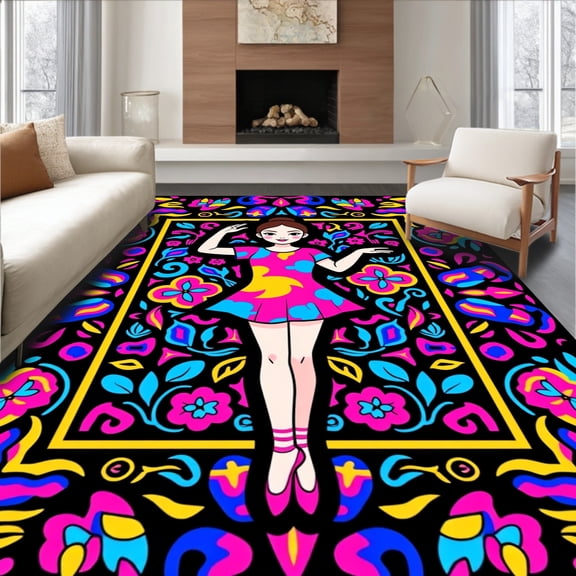 ODIKA 8x10 Machine Washable Non-Slip Area Rug, Charming Dancer Motif with Abstract Floral Background Latch Hook High Traffic Rug, Pink, 645922