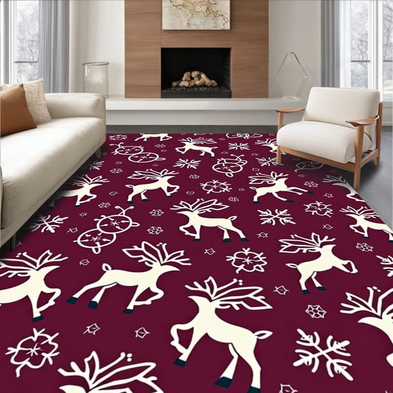 ODIKA 8'x10' Machine Washable Non-Slip Area Rug, Charming Festive Reindeer and Snowflake Interlocking Nordic Trio High Traffic Rug with Pad, Purple, 621801