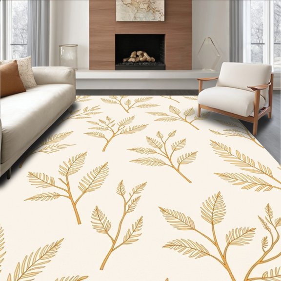 ODIKA 8'x10' Machine Washable Non-Slip Area Rug, Charming Whimsical Leaf Design with Subtle Cream Hues High Traffic Rug with Pad, Gold, 378097