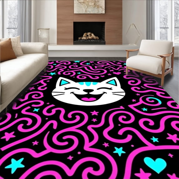 ODIKA 8'x10' Machine Washable Non-Slip Area Rug, Cheerful Cat and Starburst Hearts with Interlocking Swirls High Traffic Rug with Pad, Black, 726738