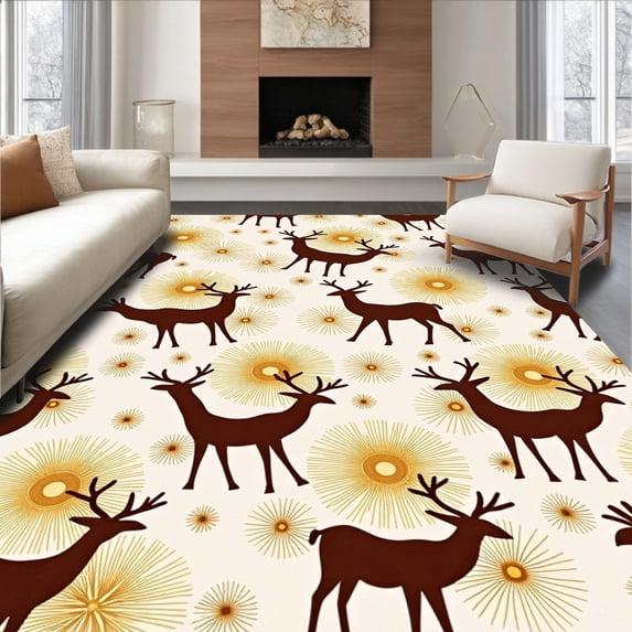 ODIKA 8'x10' Machine Washable Non-Slip Area Rug, Cheerful Reindeer Sleigh Bell Burst Ensemble High Traffic Rug, Brown, 623070