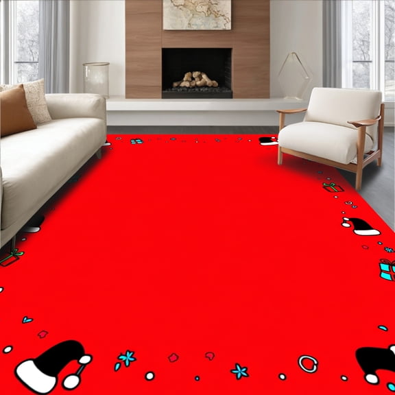 ODIKA 8'x10' Machine Washable Non-Slip Area Rug, Cheerful Santa Hat with Gift Box Motifs and Festive Confetti Sprinkles High Traffic Rug, Red, 735511