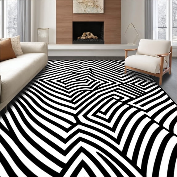 ODIKA 8'x10' Machine Washable Non-Slip Area Rug, Wave Doormat with Bold Contrast Design High Traffic Rug, Black, 527208