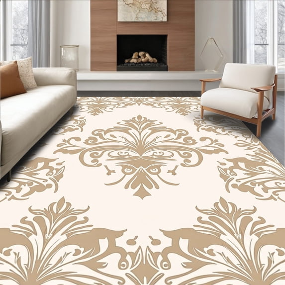 ODIKA 8'x10' Machine Washable Non-Slip Area Rug, Chic Damask Style with Timeless Elegance High Traffic Rug, Beige, 346459