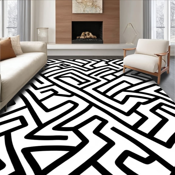 ODIKA 8'x10' Machine Washable Non-Slip Area Rug, Chic Onyx Labyrinth Stylish Distinctive Aesthetic Highlight High Traffic Rug, Black, 546914