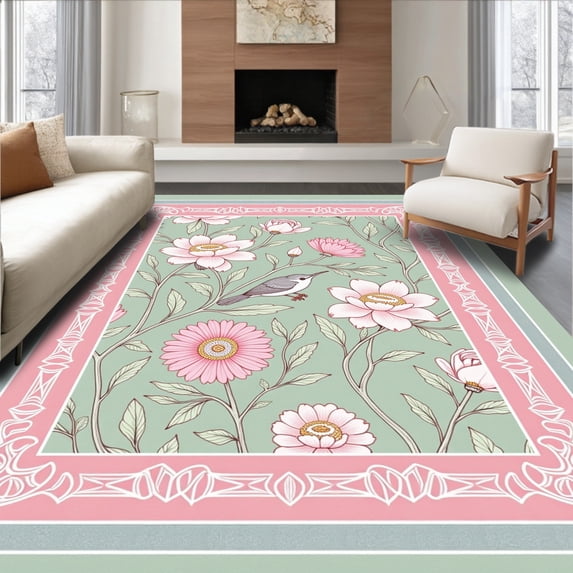 ODIKA 8'x10' Machine Washable Non-Slip Area Rug, Chinoiserie Garden Scene with Exotic Birds and Blooming Branches High Traffic Rug, Pink, 601157