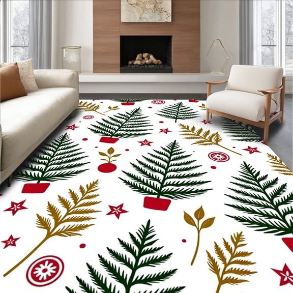 ODIKA 8'x10' Machine Washable Non-Slip Area Rug, Christmas Conifer Branch Microfiber Floor Covering with Ornamental Accents High Traffic Rug, Green, 735657