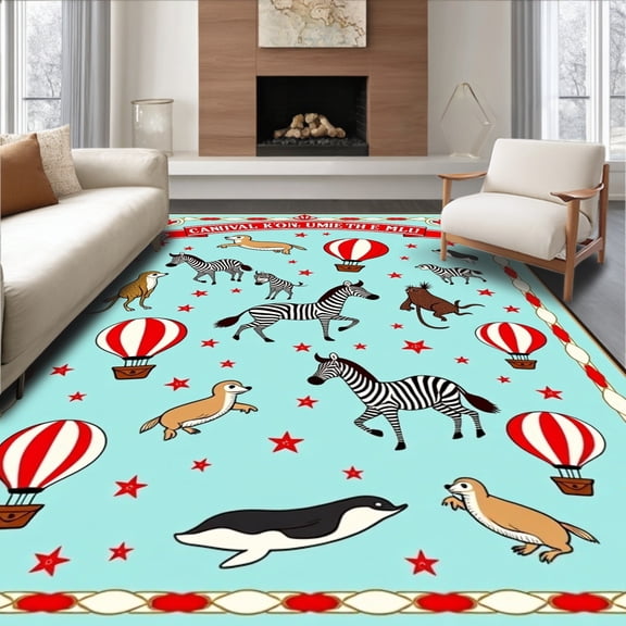 ODIKA 8'x10' Machine Washable Non-Slip Area Rug, Circus Carnival Menagerie Aerial Voyage Enchanted Sky Motif High Traffic Rug, Blue, 682659