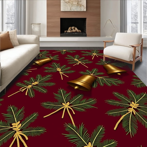 ODIKA 8'x10' Machine Washable Non-Slip Area Rug, Classic Bow Tie with Gold Bells and Evergreen Sprigs High Traffic Rug, Red, 624609