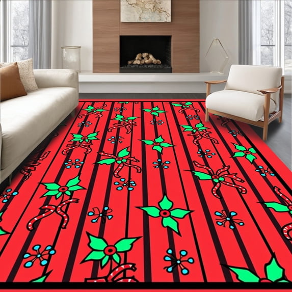 ODIKA 8'x10' Machine Washable Non-Slip Area Rug, Classic Cane Stripe with Playful Holly Berry and Interlocking Bow Design High Traffic Rug with Pad, Red, 734746
