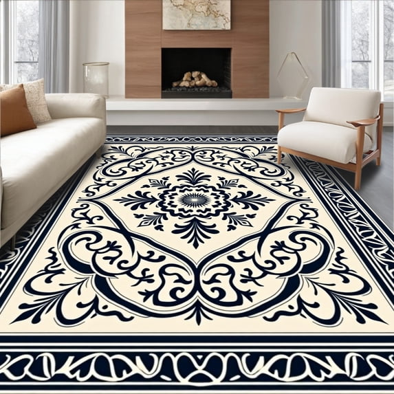 ODIKA 8'x10' Machine Washable Non-Slip Area Rug, Classic Damask Machine Elegant Scrollwork Motif High Traffic Rug with Pad, Black, 523964