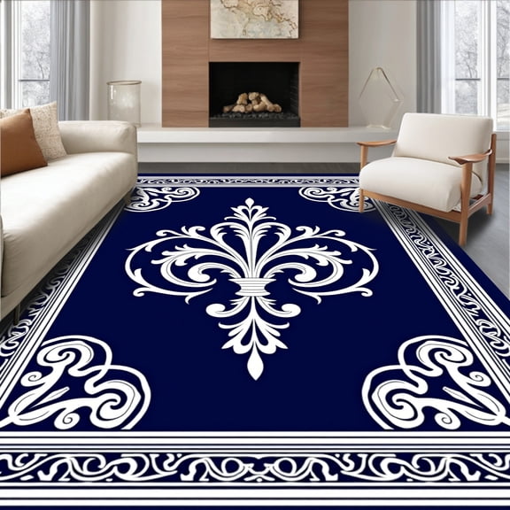 ODIKA 8'x10' Machine Washable Non-Slip Area Rug, Classic Damask Scrolls with Victorian Influence and Elegant Flourishes High Traffic Rug, Blue, 546290