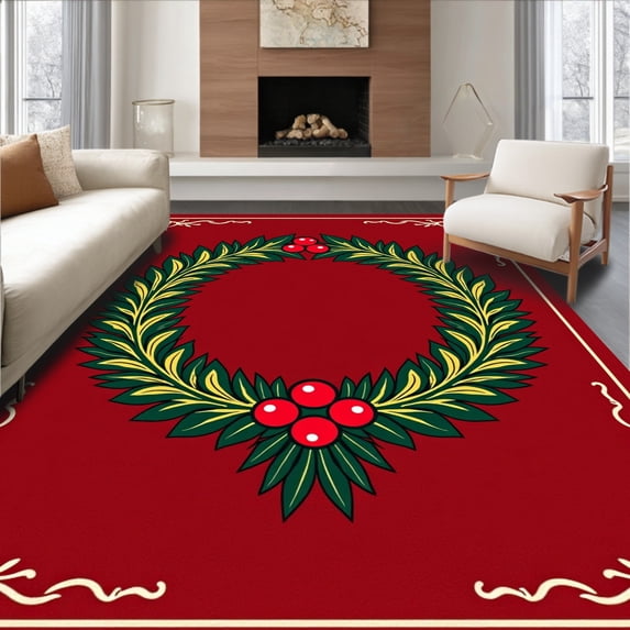 ODIKA 8'x10' Machine Washable Non-Slip Area Rug, Classic Evergreen Wreath with Crimson Berry Sprigs Holiday Season High Traffic Rug, Red, 626248
