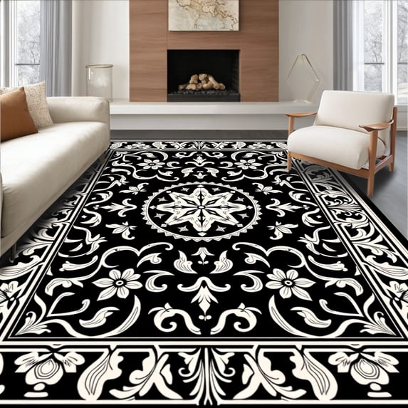 ODIKA 8'x10' Machine Washable Non-Slip Area Rug, Classic Fleur Revival with Filigree Petals and Distressed Baroque Ornamentation High Traffic Rug with Pad, Black, 597435