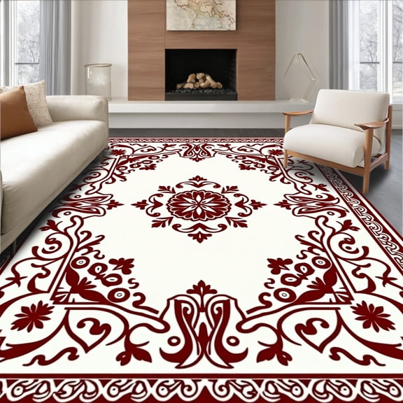 ODIKA 8'x10' Machine Washable Non-Slip Area Rug, Classic Floral Vine Border Scroll High Traffic Rug, Red, 665879
