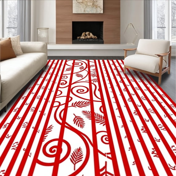 ODIKA 8'x10' Machine Washable Non-Slip Area Rug, Classic Holiday Leaf and Stripe Semi Circle with Seasonal Flair High Traffic Rug, Red, 612816