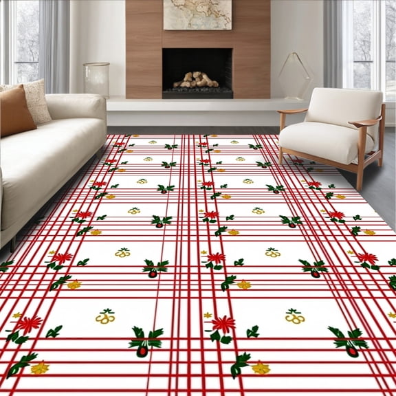 ODIKA 8'x10' Machine Washable Non-Slip Area Rug, Classic Holiday Stripe and Snowflake with Cheerful Accents High Traffic Rug, Red, 638592