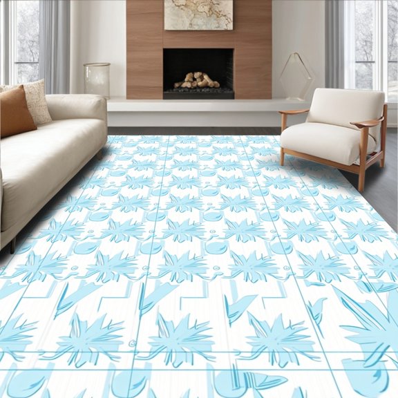ODIKA 8x10 Machine Washable Non-Slip Area Rug, Classic Latticework with Abstract Leaf Accents High Traffic Rug, Blue, 593156