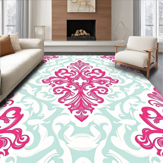 ODIKA 8'x10' Machine Washable Non-Slip Area Rug, Classic Low Profile with Faded Ornate Damask Motifs High Traffic Rug with Pad, Pink, 367702