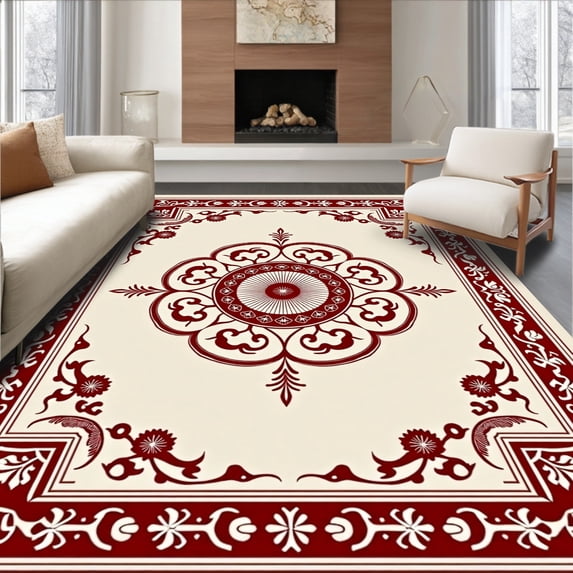 ODIKA 8'x10' Machine Washable Non-Slip Area Rug, Classic Medallion Scrollwork with Elegant Floral Ornaments High Traffic Rug, Beige, 661640