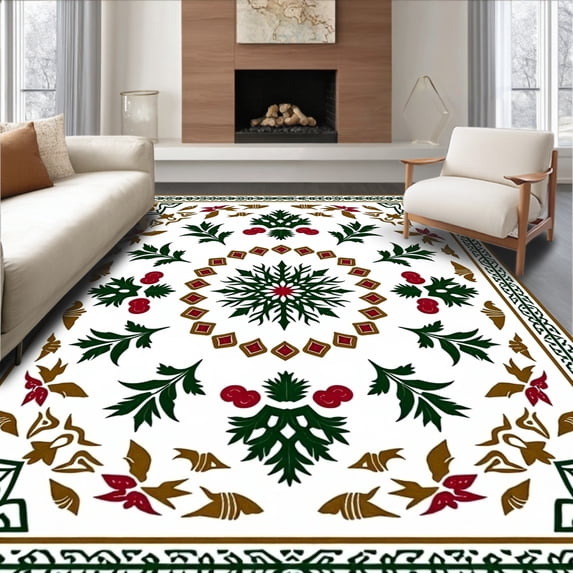 ODIKA 8'x10' Machine Washable Non-Slip Area Rug, Classic Nordic Starburst with Holly Leaf Filigree and Berries High Traffic Rug, White, 622400