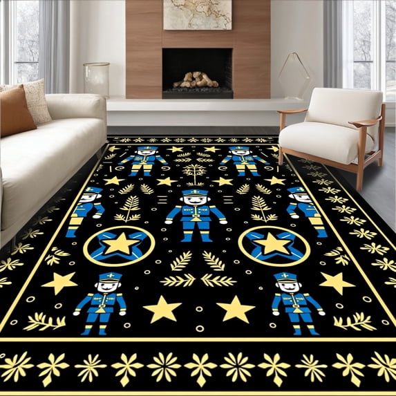 ODIKA 8'x10' Machine Washable Non-Slip Area Rug, Classic Nutcracker Parade with Interlocking Medallions High Traffic Rug with Pad, Black, 734310
