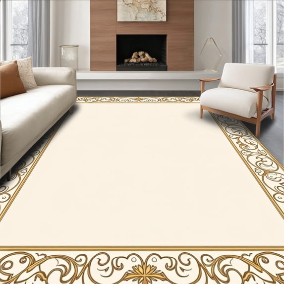 ODIKA 8'x10' Machine Washable Non-Slip Area Rug, Classic Ornate Filigree with Lattice Vine Overlay High Traffic Rug with Pad, Gold, 541677