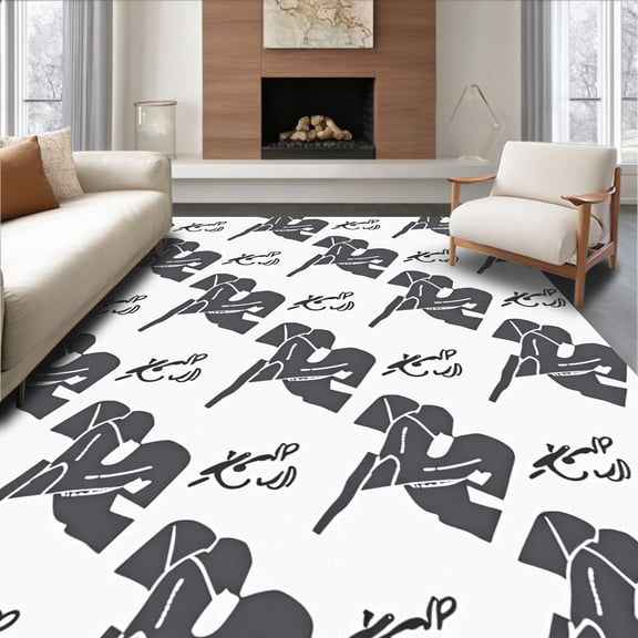 ODIKA 8'x10' Machine Washable Non-Slip Area Rug, Classic Pennant Banner Motif with Stylized Team Symbols Overlay High Traffic Rug, White, 669666