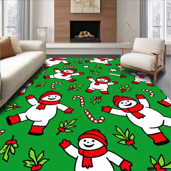 ODIKA 8'x10' Machine Washable Non-Slip Area Rug, Classic Snowman Parade with Canes and Holly Sprigs Motif High Traffic Rug with Pad, Green, 734210