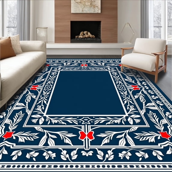 ODIKA 8'x10' Machine Washable Non-Slip Area Rug, Classic Yuletide Holly with Interlocking Snowy Branches High Traffic Rug with Pad, Navy, 610330