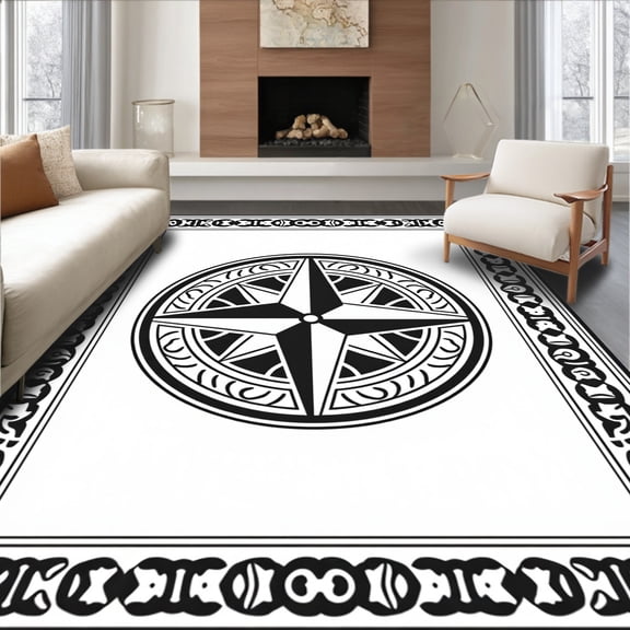 ODIKA 8x10 Machine Washable Non-Slip Area Rug, Compass Medallion Adventure with Nautical Wind Rose Motifs High Traffic Rug, Black, 704144