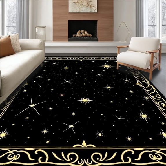 ODIKA 8'x10' Machine Washable Non-Slip Area Rug, Constellation Tree Skirt with Celestial Embellishments High Traffic Rug, Black, 630841
