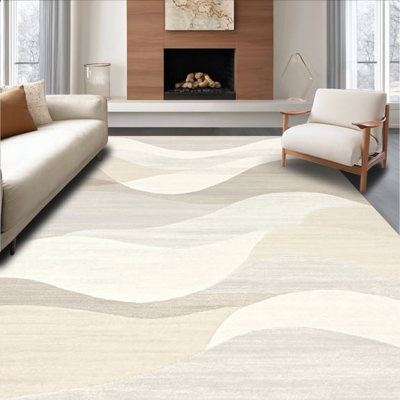 ODIKA 8'x10' Machine Washable Non-Slip Area Rug, Abstract Wave Motif with Subtle Linework and Minimalist Accents Design High Traffic Rug, Beige, 145556