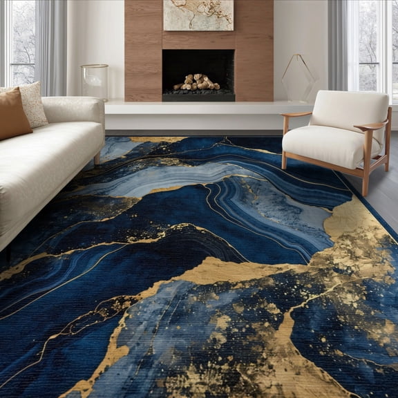 ODIKA 8'x10' Geometric and Gold Featuring Marble Inspired Swirl Motifs Washable Area Rug Durable, Non-Slip for Living Room, Under Sectional, Family