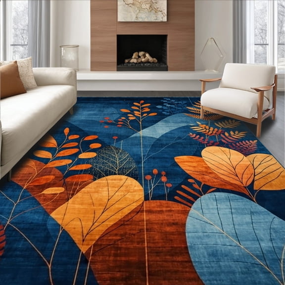 ODIKA 8'x10' Machine Washable Non-Slip Area Rug, Boho Botanical Leaf Japanese Navy Orange Accent High Traffic Rug, Blue, 85650