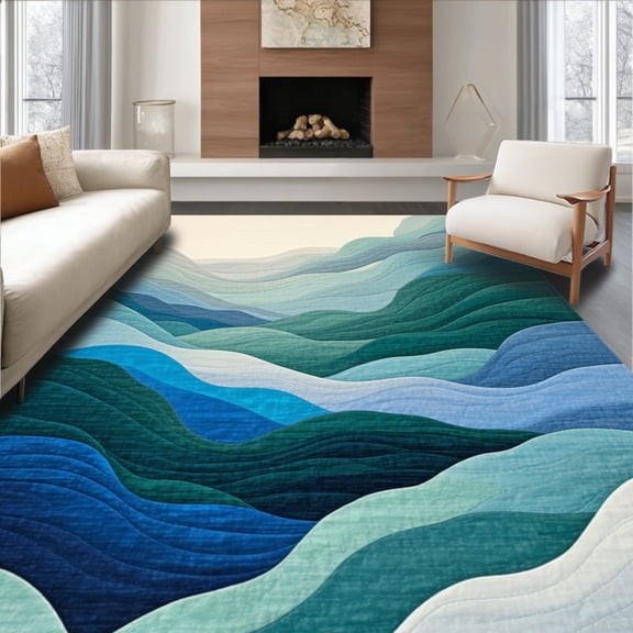 ODIKA 8'x10' Machine Washable Non-Slip Area Rug, Abstract Ombre Wave Multicolour Gradient High Traffic Rug, Blue, 88589