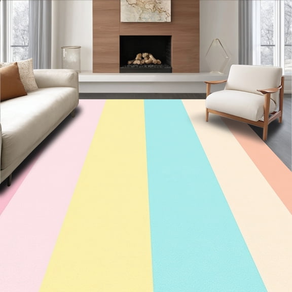 ODIKA 8'x10' Machine Washable Non-Slip Area Rug, Pastel Stripe Nursery Accent Neutral Boho Style High Traffic Rug, Pink, 392198