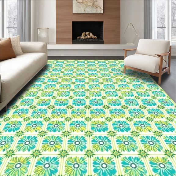 ODIKA 8'x10' Machine Washable Non-Slip Area Rug, Whimsical Floral Bloom Playful Daisy Motif High Traffic Rug, Teal, 218706