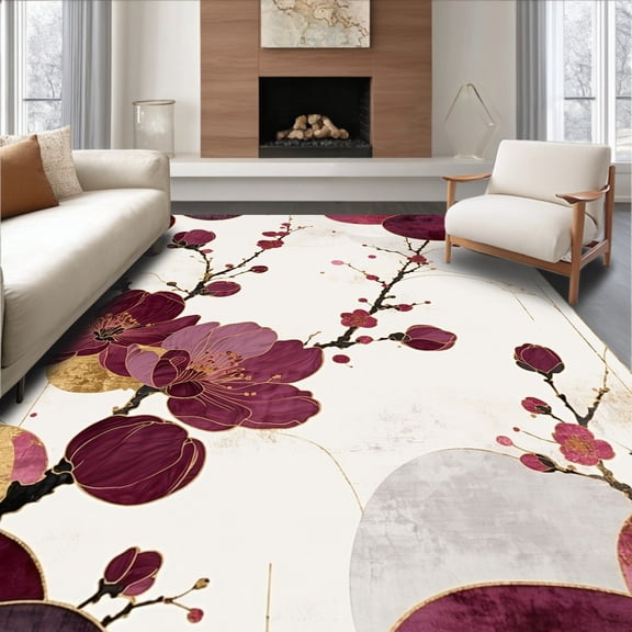 ODIKA 8'x10' Machine Washable Non-Slip Area Rug, Plum Blossom Non Slip Comfort Floor High Traffic Rug, White, 60307
