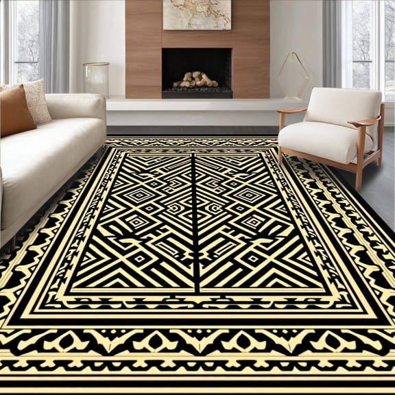 ODIKA 8'x10' Machine Washable Non-Slip Area Rug, Contemporary Maze Labyrinth Crosshatch High Traffic Rug, Black, 522021