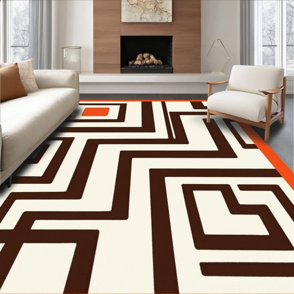 ODIKA 8'x10' Machine Washable Non-Slip Area Rug, Contemporary Maze Labyrinth Shag High Traffic Rug, Orange, 658384