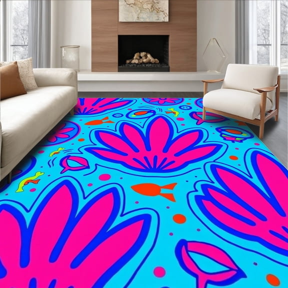 ODIKA 8'x10' Machine Washable Non-Slip Area Rug, Coral Garden Mosaic with Marine Life and Whimsical Fish Motifs High Traffic Rug, Pink, 640247