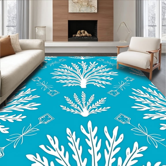 ODIKA 8'x10' Machine Washable Non-Slip Area Rug, Coral Reef Medallion Artisan Crafted Treasure High Traffic Rug, Blue, 545847