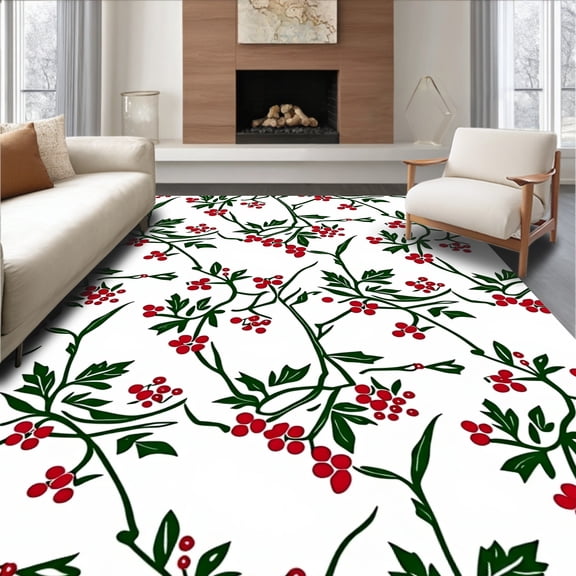 ODIKA 8'x10' Machine Washable Non-Slip Area Rug, Cranberry Branch Holly Berry Tree Foundation Protector High Traffic Rug, Red, 740540
