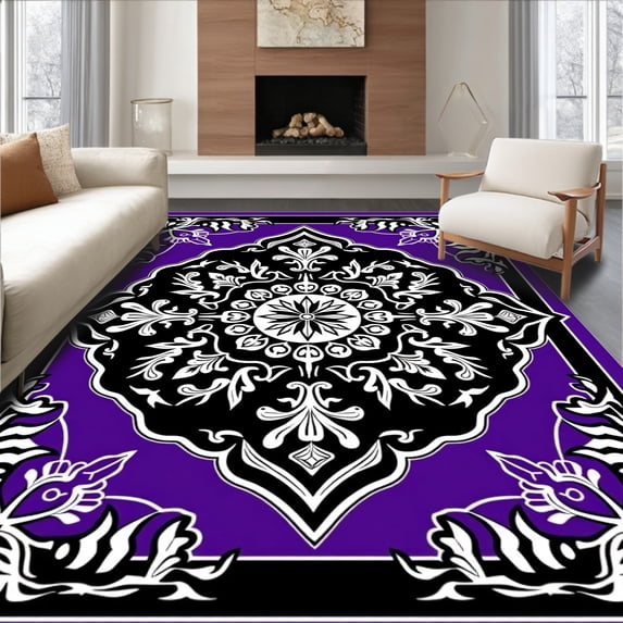 ODIKA 8x10 Machine Washable Non-Slip Area Rug, Damask Baroque Floral Ornamental Classic European Elegance High Traffic Rug, Purple, 657221