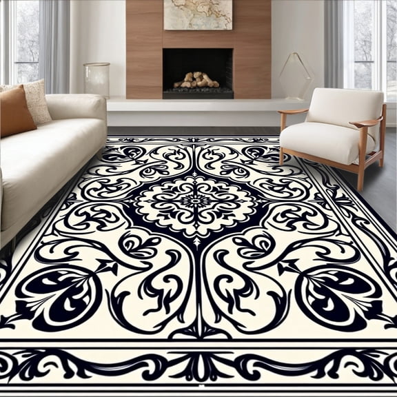 ODIKA 8'x10' Machine Washable Non-Slip Area Rug, Damask Flourish Design with Baroque Scrollwork High Traffic Rug, Black, 546285